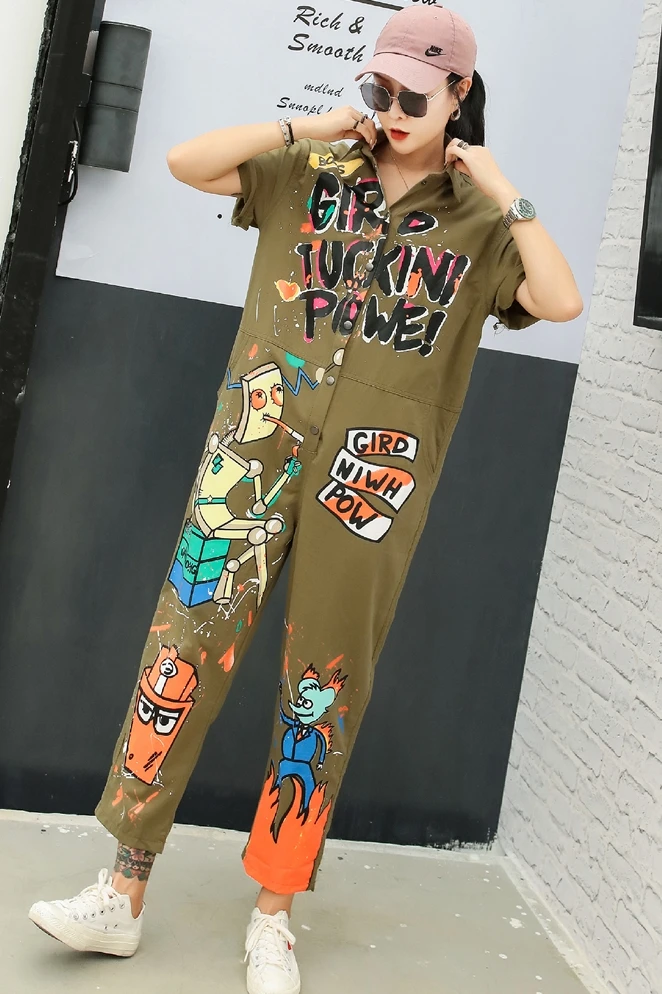 

Tooling jumpsuit female 2020 summer cartoon chic graffiti printing short-sleeved jumpsuit tide brand casual wide-leg trousers
