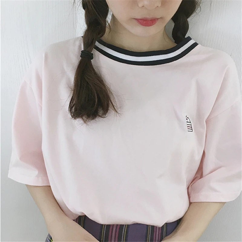 Корея Harajuku футболка в студенческом стиле резьбой воротник футболки торт вышивка