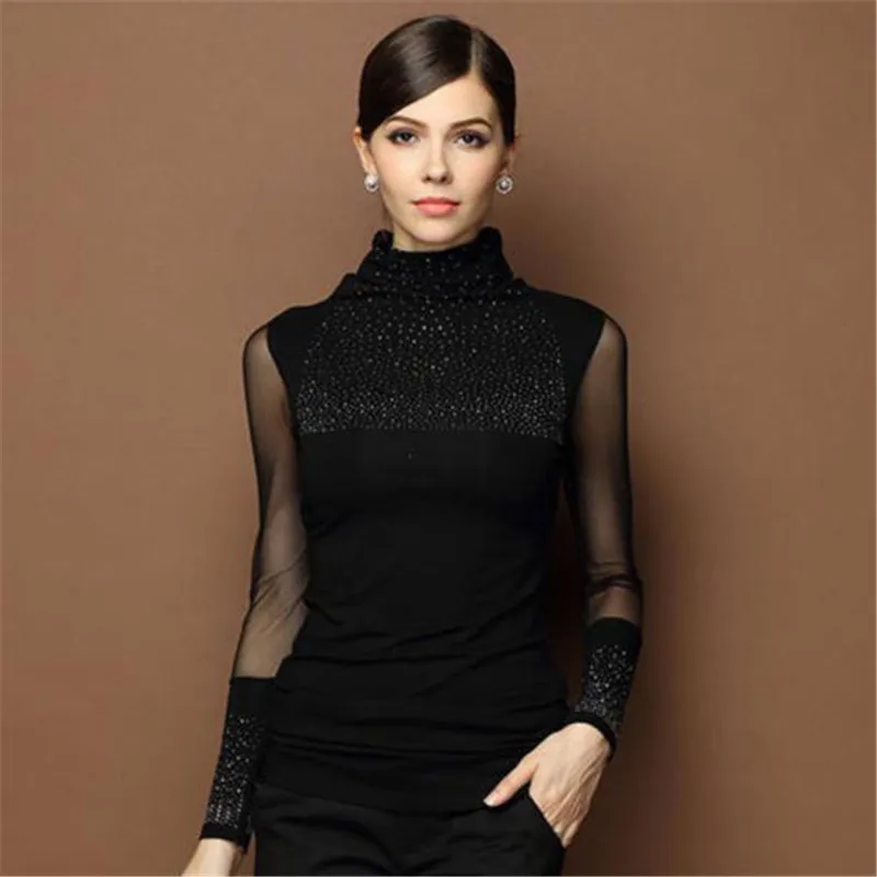 women's long sleeve weave Flim fit hot drilling base shirt turtleneck sweater size S-XXXL | Женская одежда