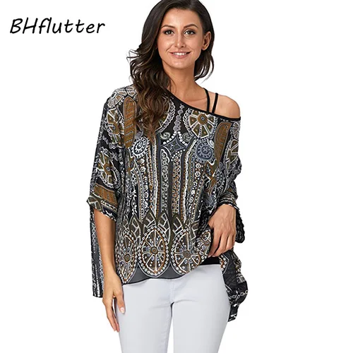 BHflutter 4XL 5XL 6XL размера плюс, женская блузка, сексуальные летние топы с открытыми плечами и леопардовым принтом, повседневные шифоновые блузки, рубашки - Цвет: picture color