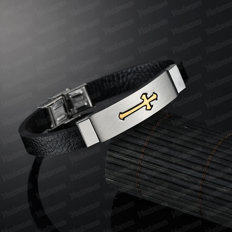 Nextvance Punk Gold Black Cross Leather Bracelet Bff Jesus Crucifix Amulet Bracelets for Christmas Gift Armband Heren | Украшения и