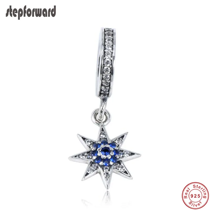 

popular fashion blue zircon setting 925 solid silver snowflake hanging charm fit European famous bracelet