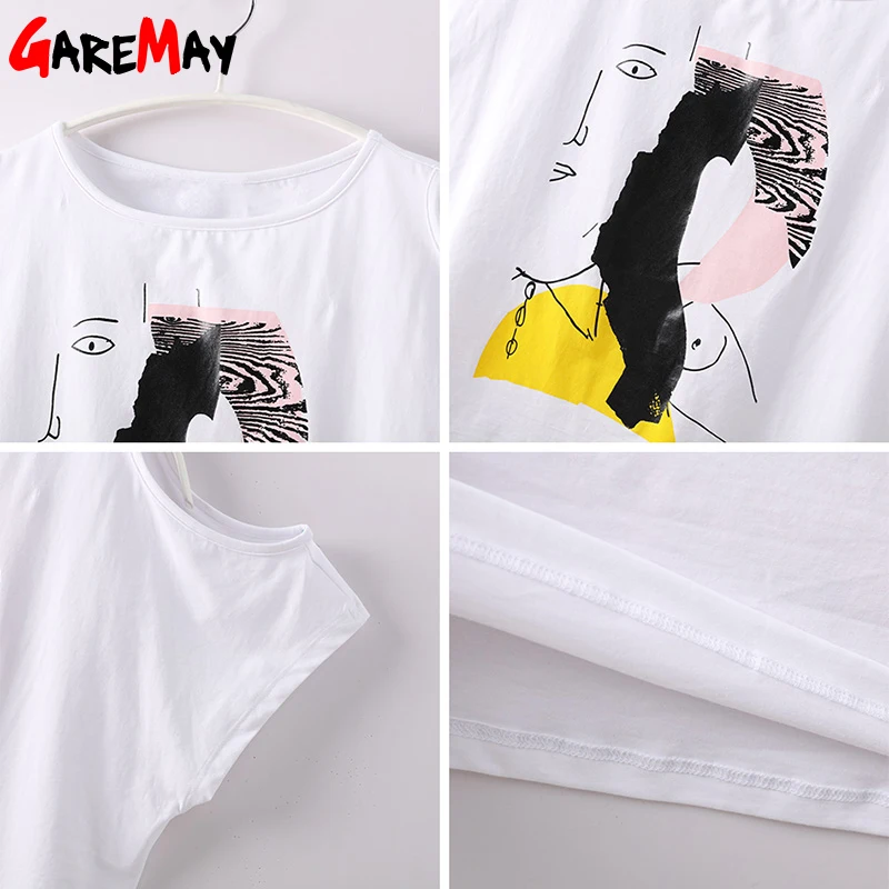 GAREMAY Summer T Shirt Women Funny Casual Print Tee Femme Sexy Off Shoulder Short Sleeves Slim Top O-Neck Female T-shirt | Женская