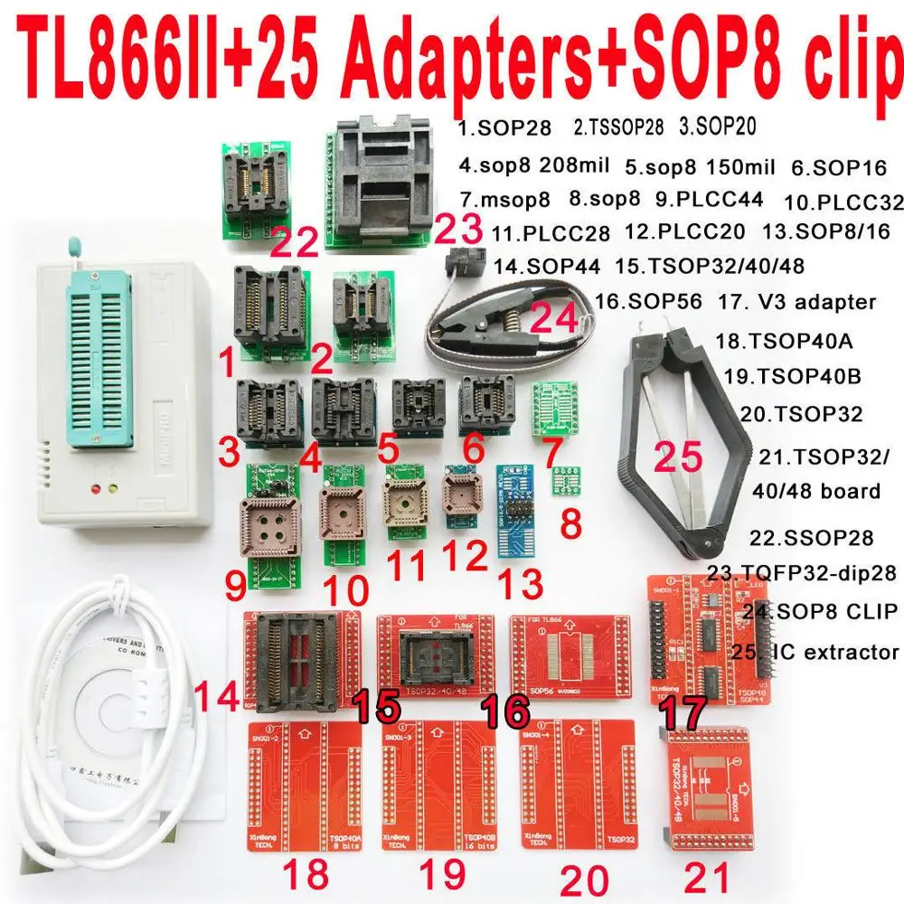 Minipro TL866II USB programmer 25 adapter socket SOP8 Clip IC clamp Bios Flash EPROM FOR  IC Tester software serial series