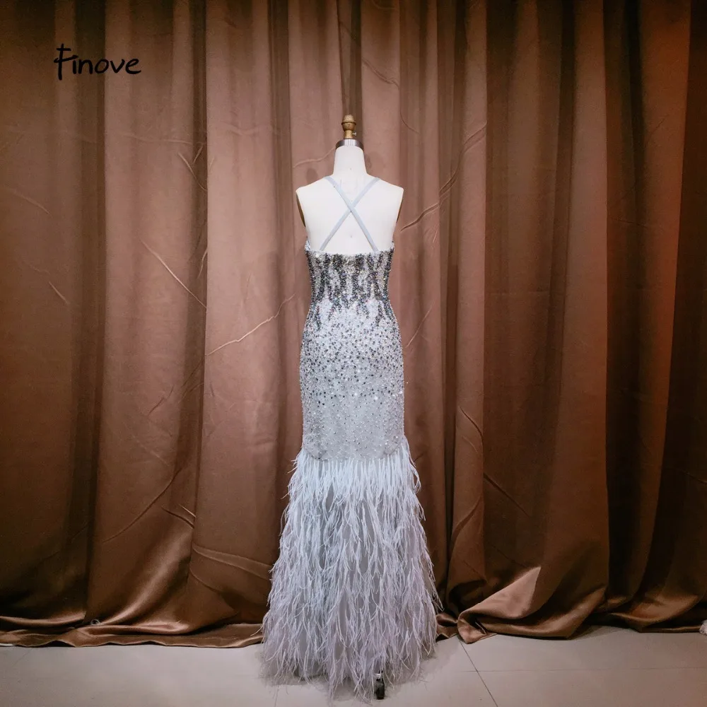 Finove Evening Dress 2019 New Design Spaghetti Strap Long With Beaded Feather Backless Elegant Gowns Party for Woman | Свадьбы и