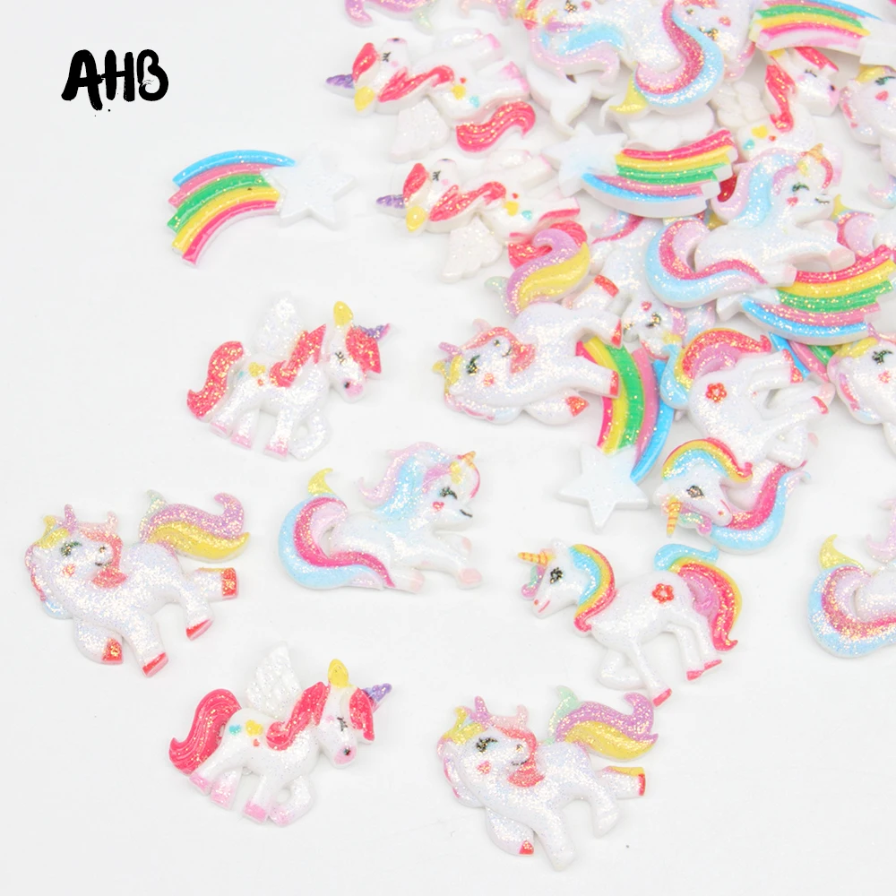 

AHB Glitter Resin Unicorn Patches Planar Resin Rainbow Accessories For Crafts DIY Hair Bow Ornament Shiny Materials 10pcs/bag