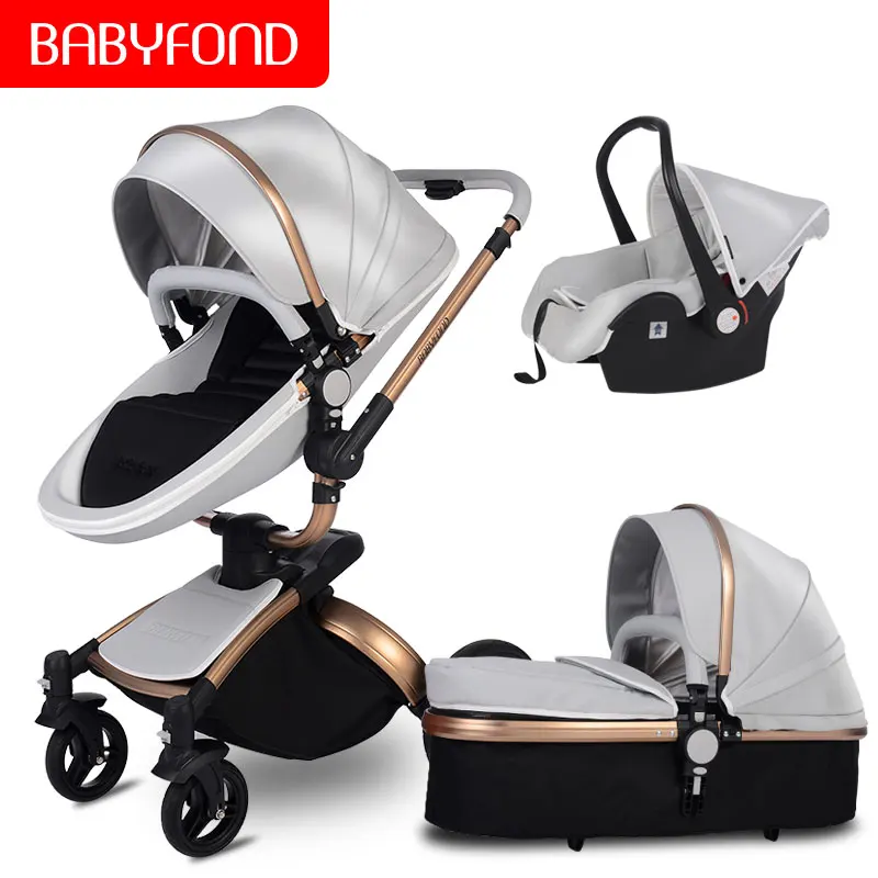 gray 3 in 1 Роскошная детская коляска 3 в 1 для новорожденных, брендовая детская коляска из искусственной кожи, детское автокресло для безопасности, детское автокресло, люлька для новорожденных 0-3 лет, babyfond - Цвет: gray 3 in 1