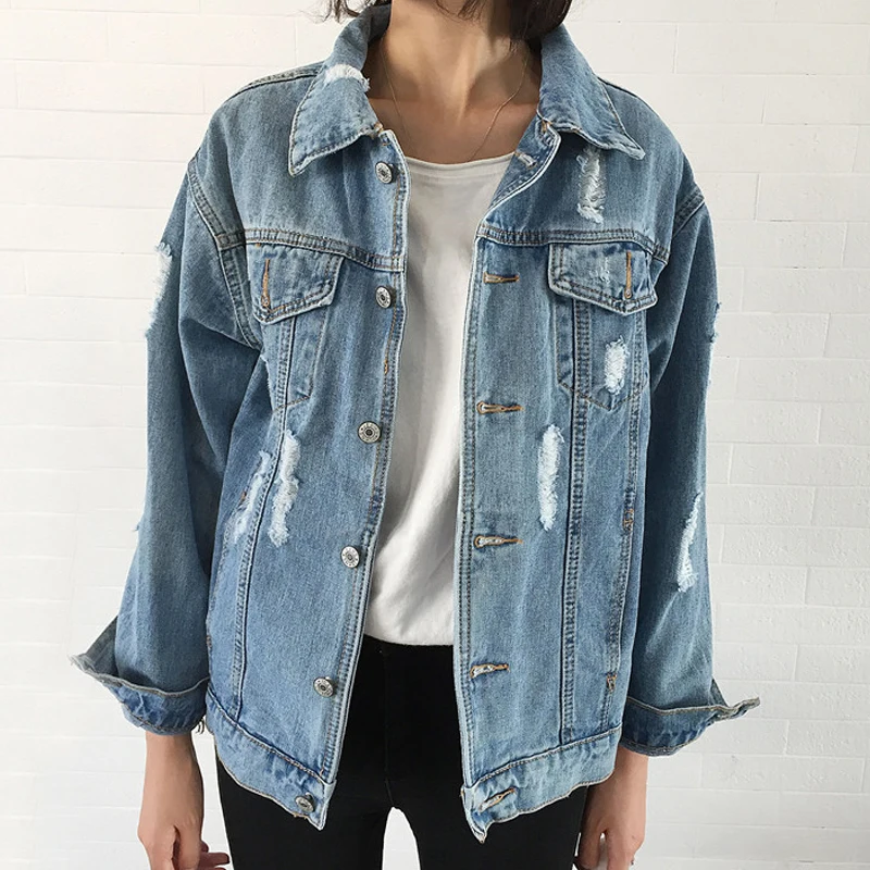 Женщины Основные Пальто Весна Осень Джинсовые Куртки Изношенные Vintage Длинным