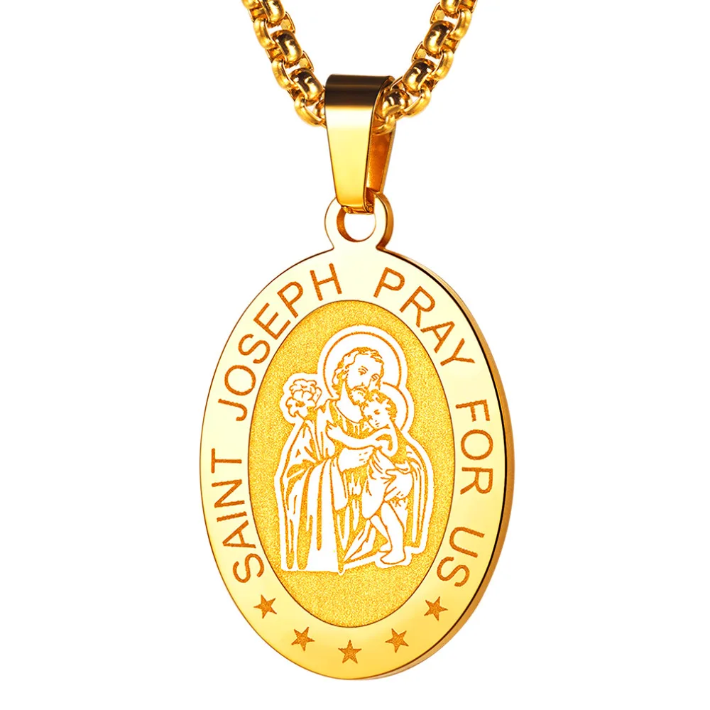 

Kpop Saint Joseph Praying Hand Pendant Christian Protection Jewelry Stainless Steel Oval Patron Saint Charm Necklaces Men P12080