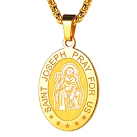 kpop saint joseph praying hand pendant christian protection jewelry stainless steel oval patron saint charm necklaces men p12080