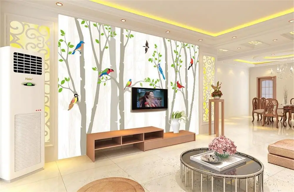 3D обои на заказ Настенные для гостиной с изображением птиц и леса дерева дивана