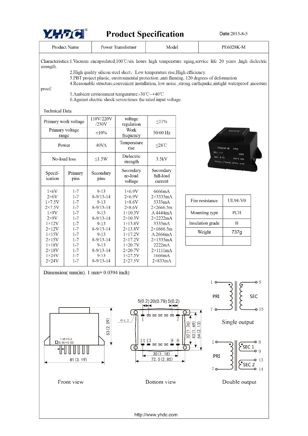 PE6028K-M 40VA/220 V/2*6 V герметизированный трансформатор для сварки печатной платы трансформатор
