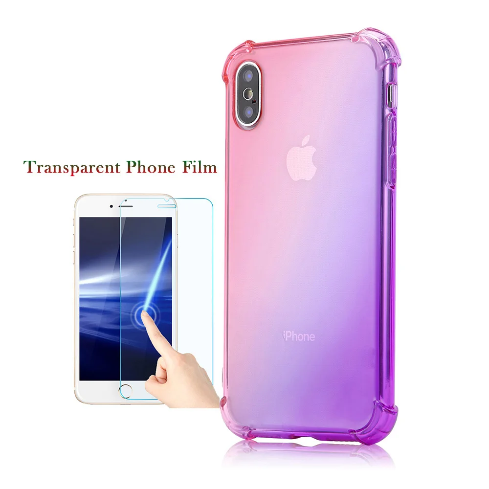 Shockproof Soft TPU Phone Case Transparent Gradient Cute Mobile Cover for iPhone 7 6 S 8 Plus XS Max with Film |