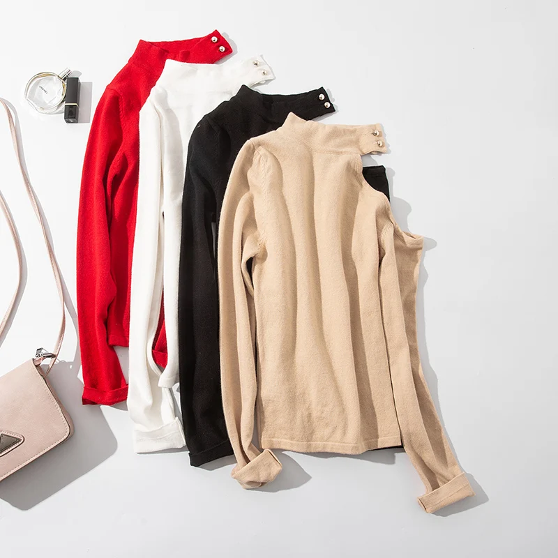 Women High Neck Asymmetric Open Shoulder Skinny Jumper Sexy Knit Top Pullover | Женская одежда