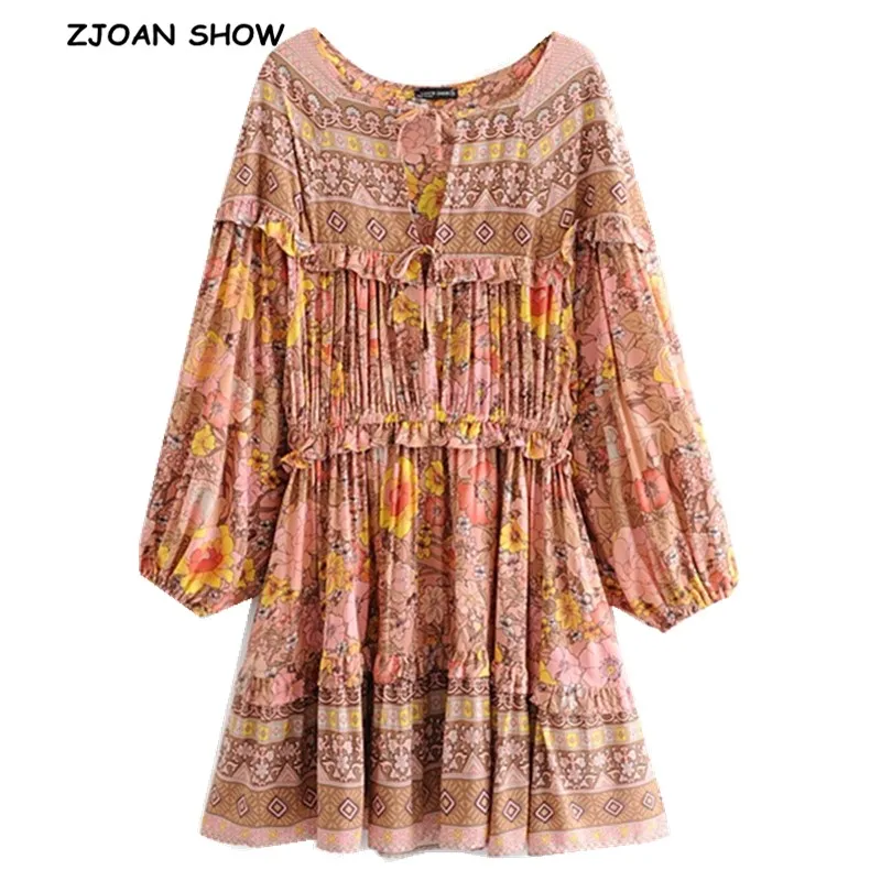 

2019 New Women Bohemian Lacing up bow O neck Floral Print Dress Spliced Wood ear Ruffles Lantern Long Sleeve Knee Length Dresses