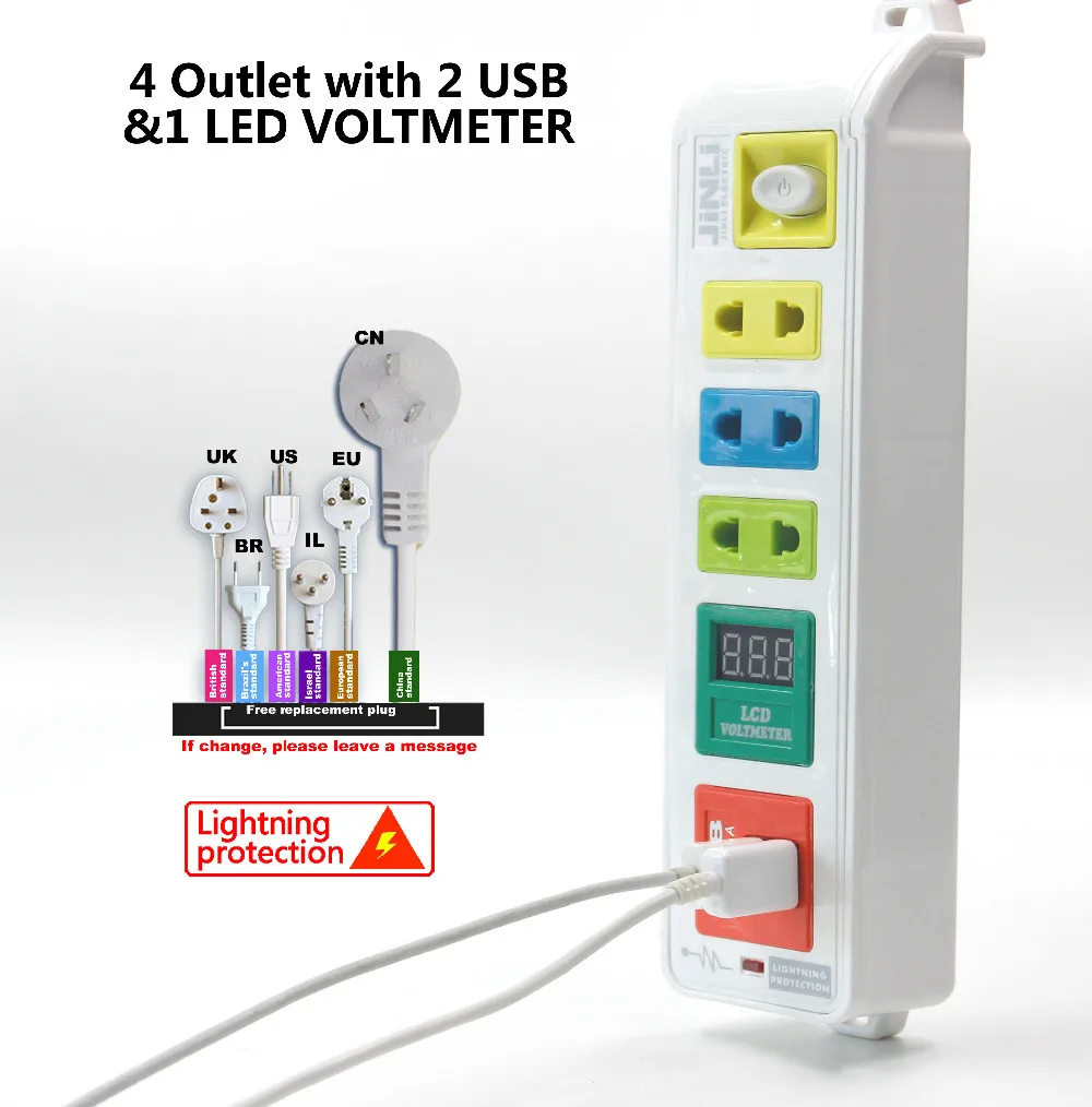 

AU EU UK US 3 розетки и 2 USB-порта для зарядки и светодиодный вольтметр с системой защиты от вспышки