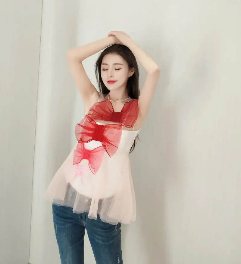WHITNEY WANG блузки женские 2019 мода уличная Милая сетчатая блузка с бантом блузы