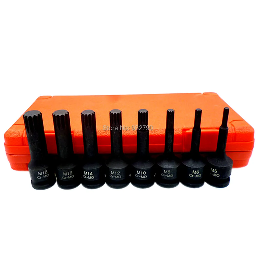 

8pcs 1/2" Impact spline Socket Bit Set M5-M18 Bits 12 Point CR-MO Screw Driver Bit Screwdriver Bits M5 M6 M8 M10 M12 M14 M16 M18