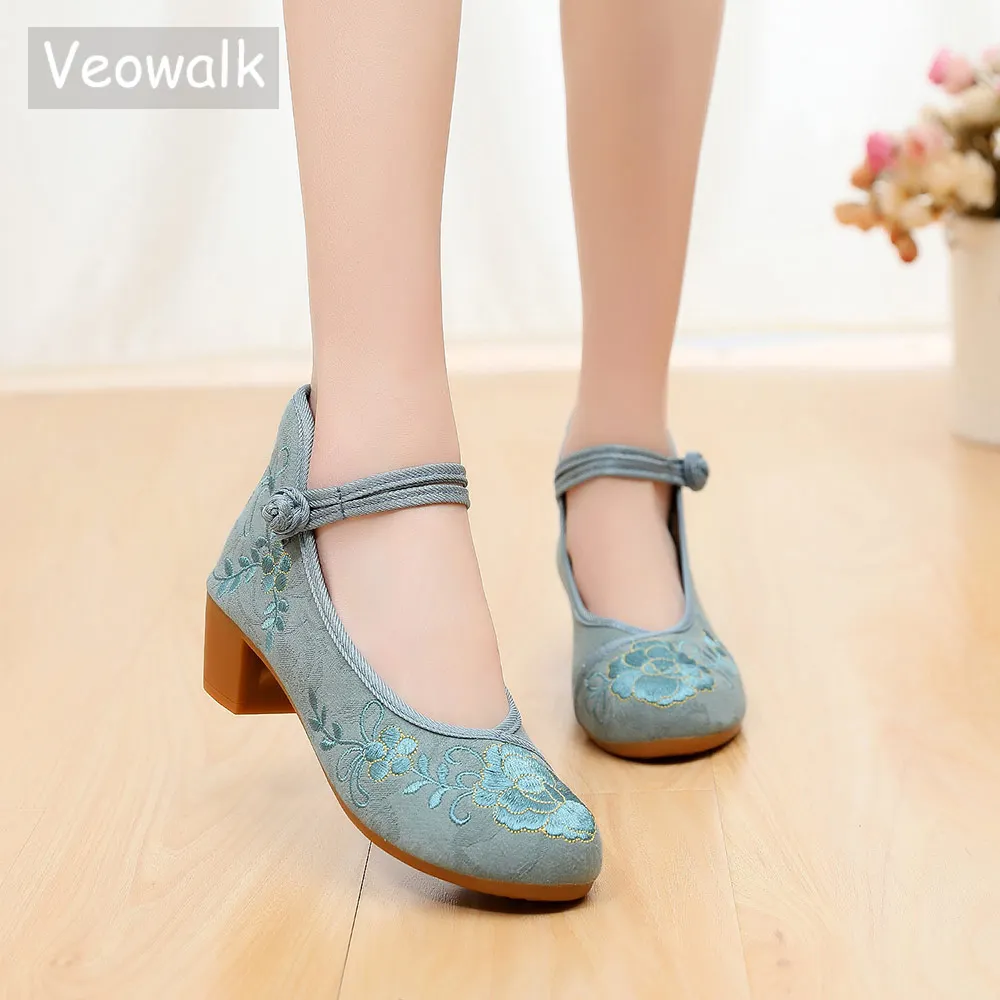 Veowalk/жаккардовые Хлопковые женские туфли с вышивкой на среднем каблуке 4 см