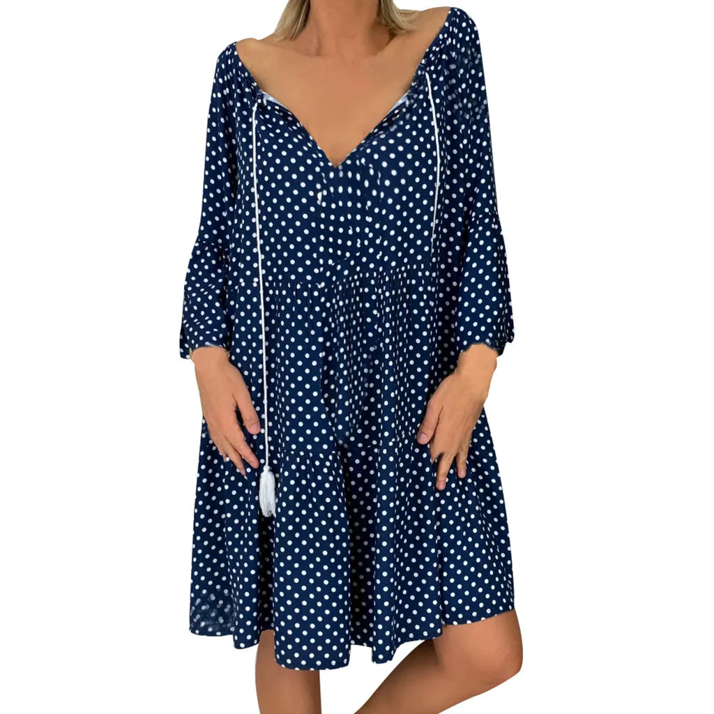 Женское платье в горошек повседневное свободное мини-платье с рукавом три