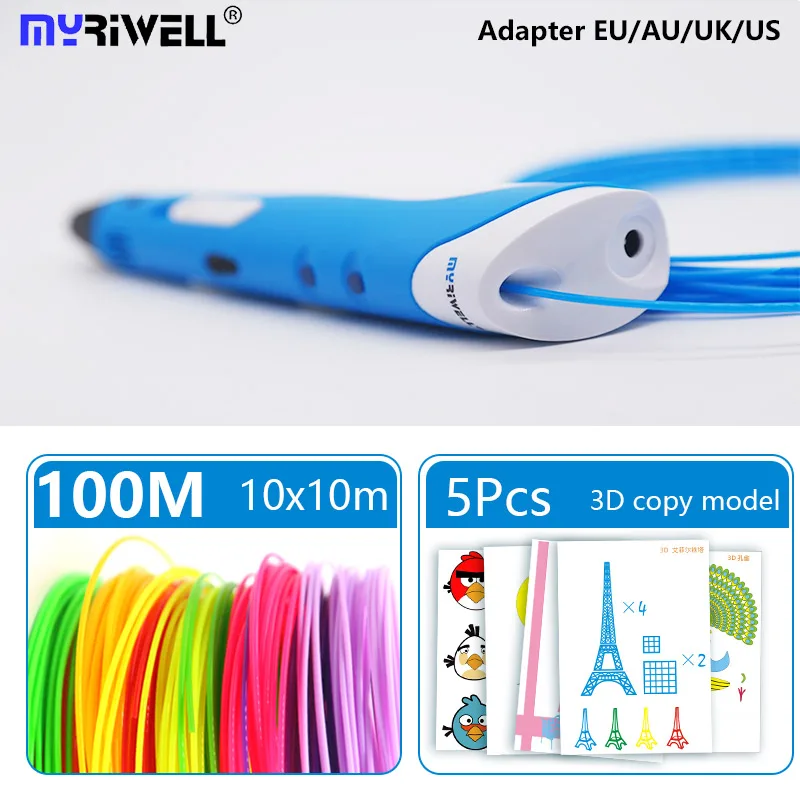 Blue A100m Myriwell 3D Ручка pla 1,75 мм abs нить 3d печатная ручка 3 d Ручка diy кисть подарок на день рождения с бесплатной бумажной моделью 3d Ручка - Цвет: Blue A100m
