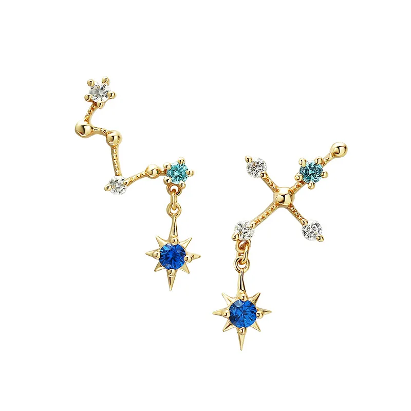 Trendy 9K Pure Real Yellow Gold Big Dipper Star Pierced Earrings for Women Girl Fancy Solid Stud Fine Engagement Jewelry Gift