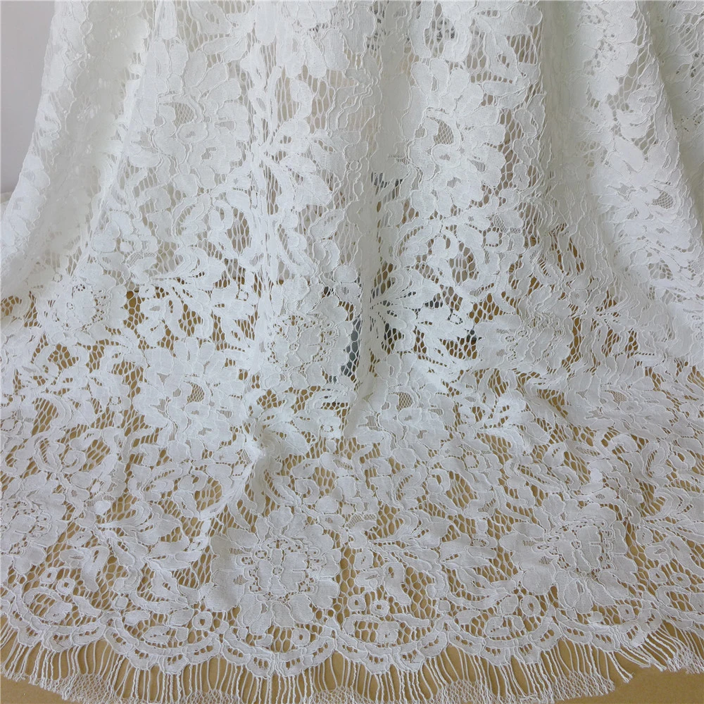 

3 Yards White Embroidered French Chantilly Eyelash Lace Fabric With Corded DIY Sewing Craft Accessories Dress Material