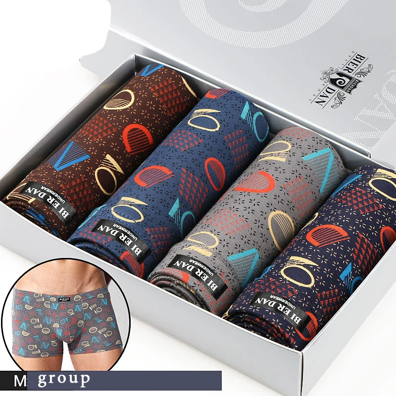 M BOX BIERDAN, мужское нижнее белье, боксеры, хлопок, мужское нижнее белье, размер, мужские трусы, шорты, милые, с рисунком, для мальчиков, 4 шт./лот - Цвет: M BOX