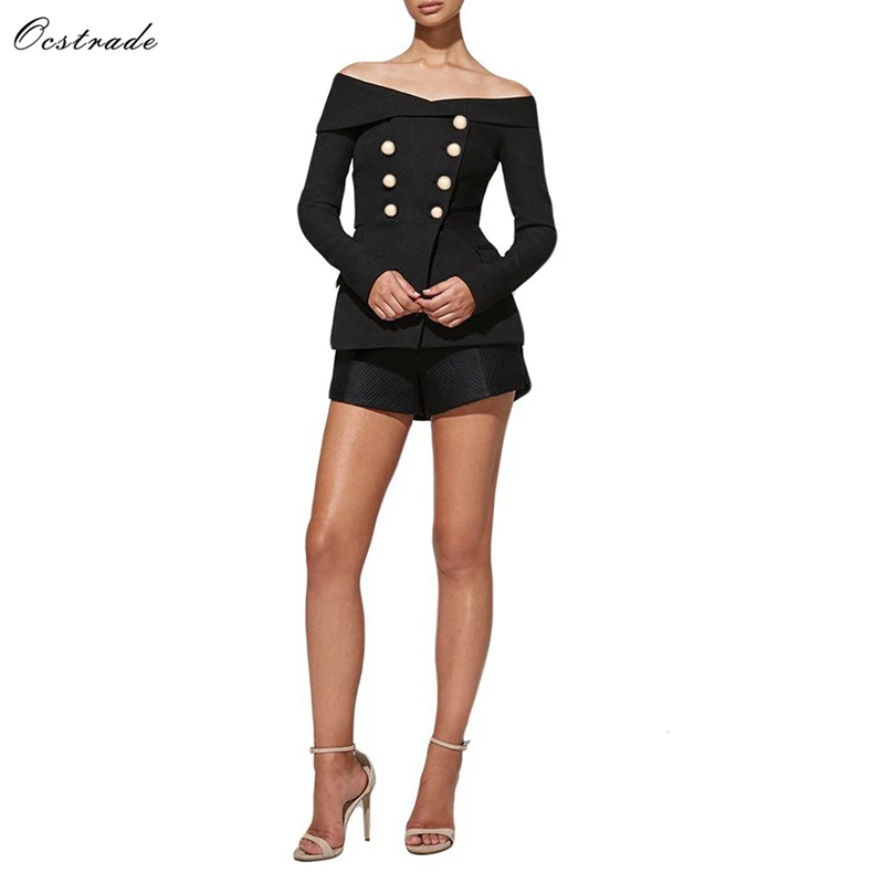 Ocstrade с открытыми плечами с длинным рукавом 2 шт Мода Bodycon костюм YSP0001-Black