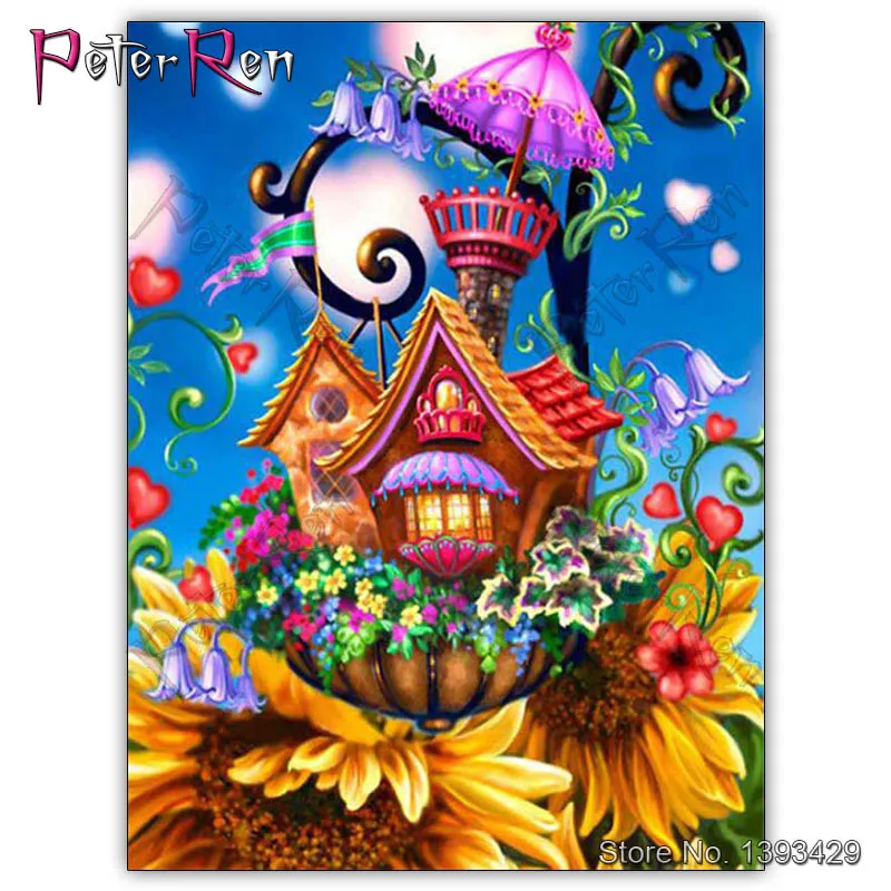 

Fully round drill Embroidery diamond painting Sunflower Cottage colorful house Square Mosaic cross stitch Wall Mounted Peter ren