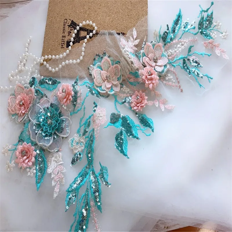 1 piece Turquoise applique Sequins rhinestone embellishments flower 3D lace blue pink | Дом и сад