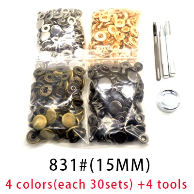 15MM(120sets) 4tools 4 вида цветов(каждый 30 комплектов) кнопки+ 4 инструмента металлические кнопки застежки для шитья кожевенное ремесло одежда сумки Браслет ремень - Цвет: 15MM(120sets) 4tools
