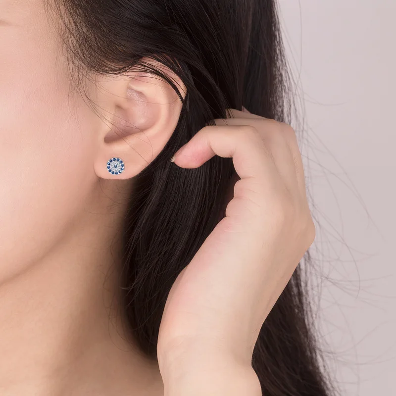 

FENGLI Fashion Jewelry Round Stud Earrings for Women Blue Color Crystal Ear Studs Lady Party Gift