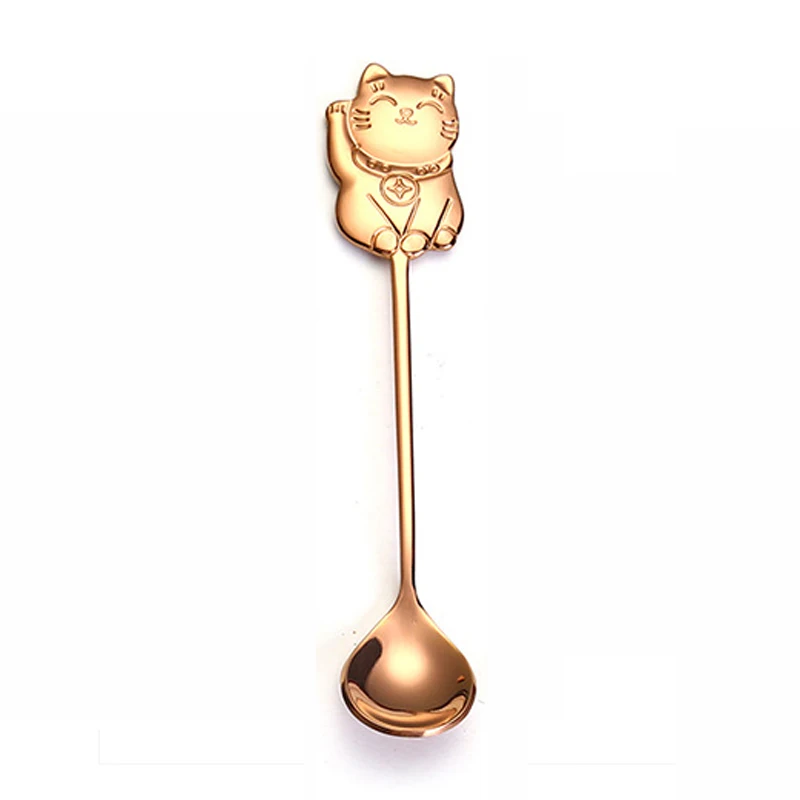 BalleenShiny Lucky Cat кофейная ложка для перемешивания красочная Нержавеющая Сталь Десертная пудинг чайная ложка кухонная посуда кружка чашка Декор подарок - Цвет: Rose gold