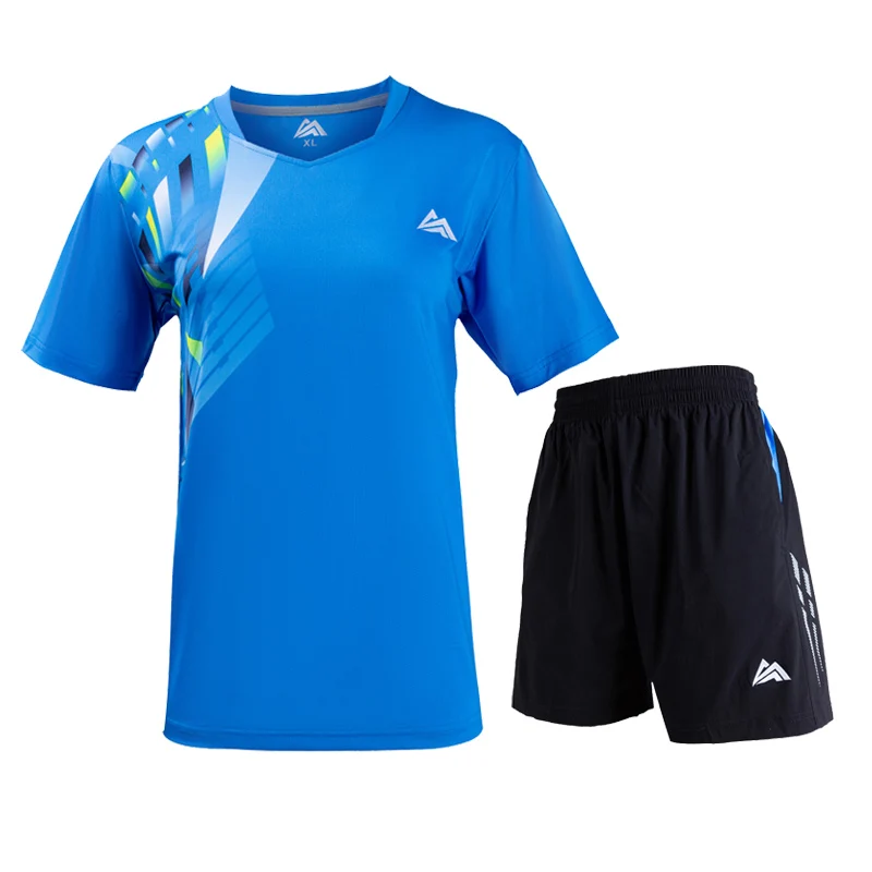 Women Blue A Set Новая футболка для бадминтона, мужские и женские теннисные рубашки, спортивная одежда с короткими рукавами, быстросохнущая дышащая Спортивная одежда для настольного тенниса - Цвет: Women Blue A Set