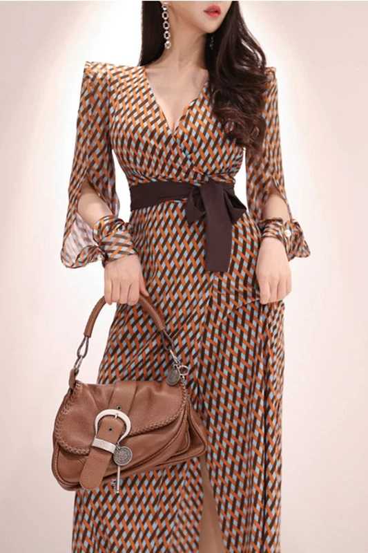 2019 New Summer Women Long dresslt Full Sleeve V-Neck Prevent Bask In Waist Split Dresses Cafe Orange 1905 | Женская одежда