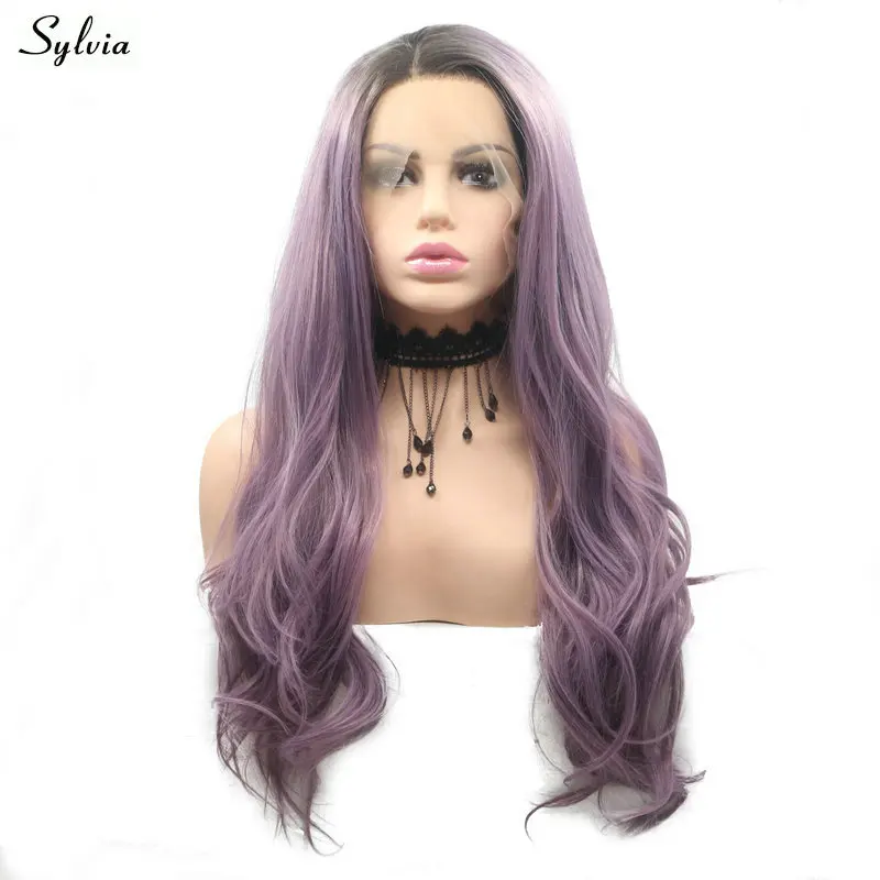 

Sylvia Synthetic Lace Frontal Wigs Dark Purple Ombre Roots Wavy Hair For Women Long Milky Lavender Color High Temperature Fiber