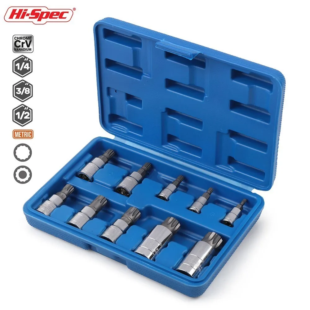 Hi-Spec, 10 шт., 12 точек, Набор торцевых головок с тройным квадратным сплайном, Набор отверток, Набор бит, адаптер для динамометрического ключа, торцевой гаечный ключ