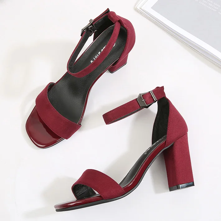 7cm Red Пикантные женские босоножки на высоком каблуке; Летняя обувь; женская офисная обувь; босоножки на квадратном каблуке; женская обувь с ремешком на щиколотке; chaussure femme; - Цвет: 7cm Red