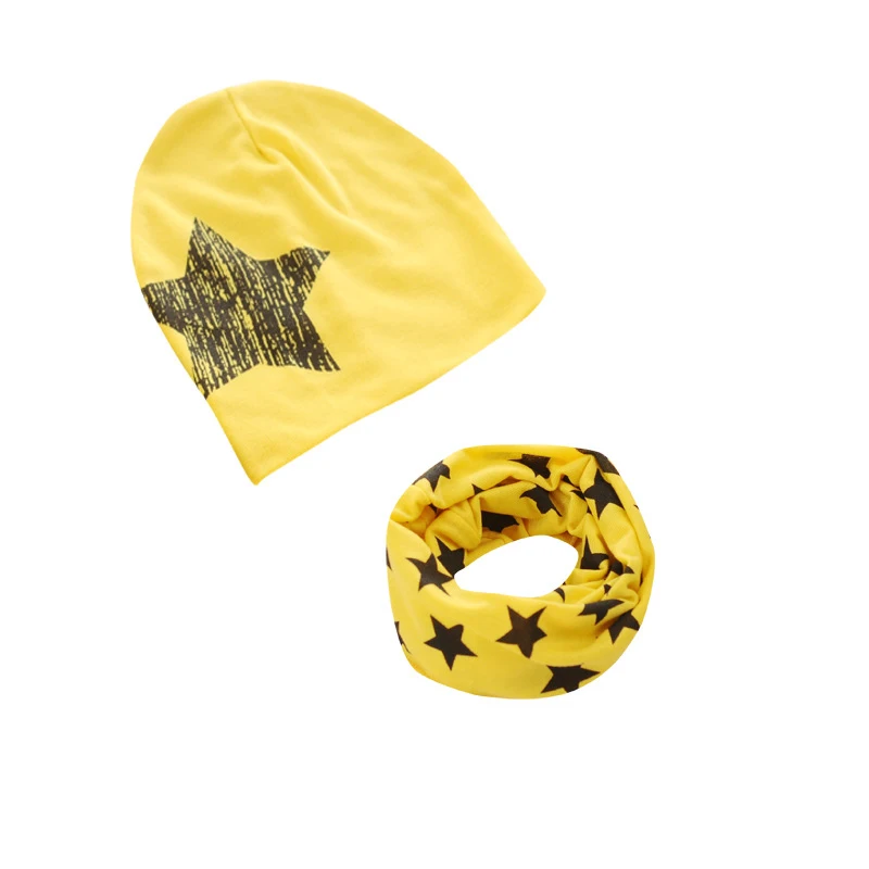 yellow hat-scarf Хлопковая детская шапка, шарф, Детские шапочки, детские шапки с принтом звезды, весна-осень, детская шапка, набор шарфов для маленьких девочек, шапочки реквизит для фотосессии - Цвет: yellow hat-scarf