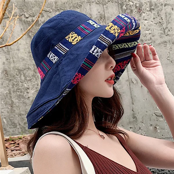 navy blue Богемная Женская двусторонняя хлопковая Солнцезащитная шляпа с большими широкими полями, пляжная шляпа с защитой от УФ, новинка, женские летние складные шляпы от солнца, Панама - Цвет: navy blue