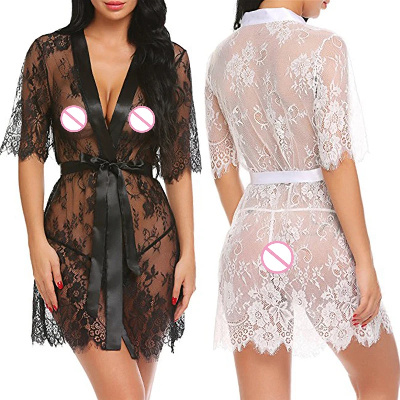 Женское короткое Кружевное кимоно Babydolls с поясом сексуальное платье коротким