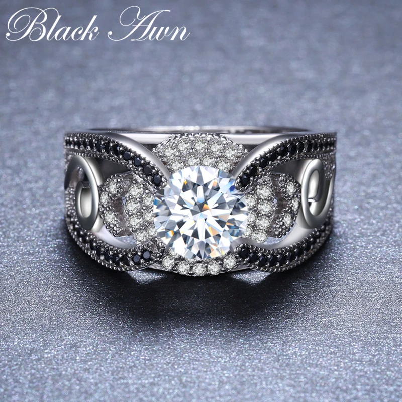 

[BLACK AWN] Luxury Genuine 925 Sterling Silver Jewelry Wedding Rings for Women Black&White Stone Femme Finger Ring Bague CR321