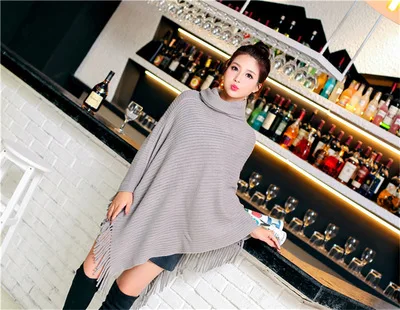 Light Gray Poncho Осень зима шаль с отложным воротом Пальто женские пончо и накидки бежевый черный красный Пончо Топы Большой размер вязаный пашмины шарфы для женщин - Цвет: Light Gray Poncho