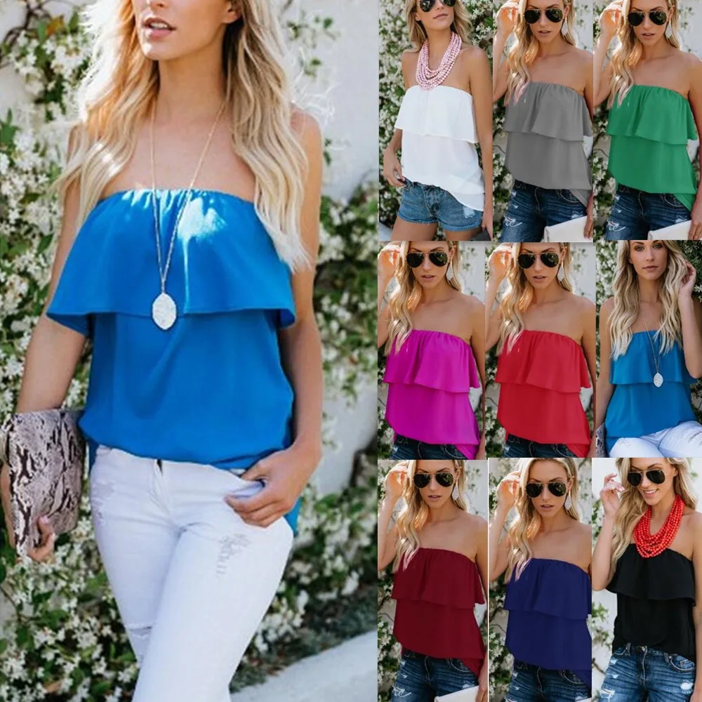 ZLUX лето Европейский шифоновая рубашка без рукавов Новый off-the-shoulder Однотонная