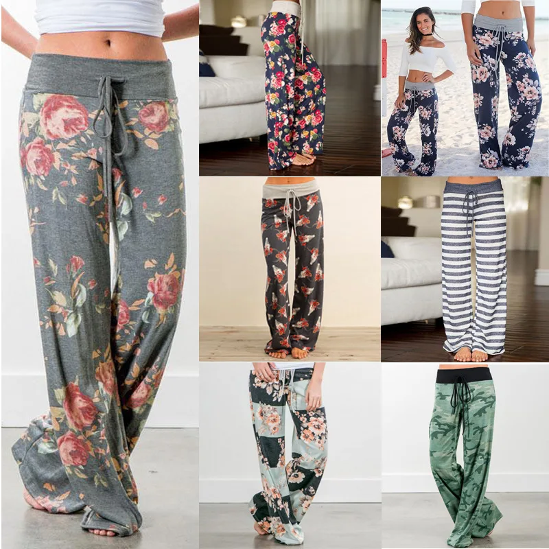 

GENPRIOR Women Elastic Waist Drawstring Trousers Home Casual Loose Beach Bandage Leisure Camouflage Printed Straight Long Pants