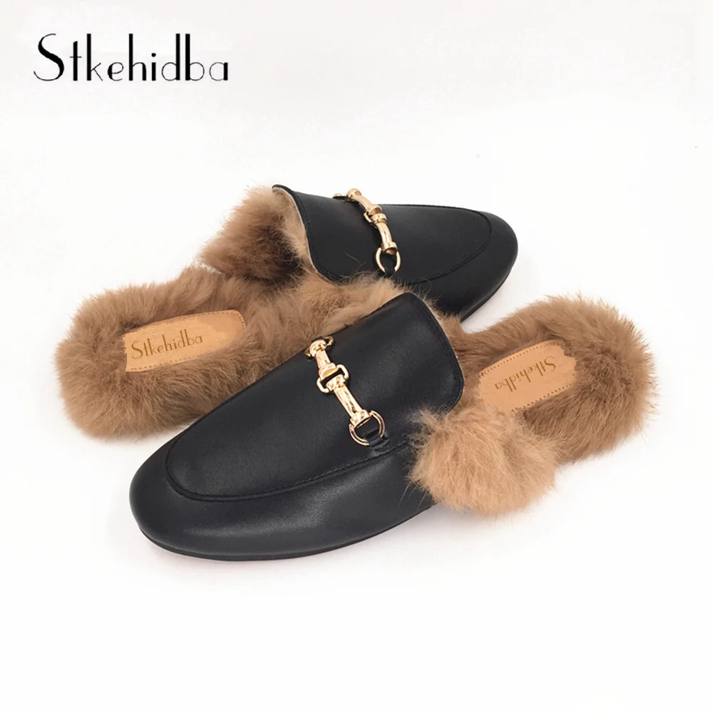 Stkehidba/женские тапочки с кроличьим мехом Зимние Модные женские из натуральной