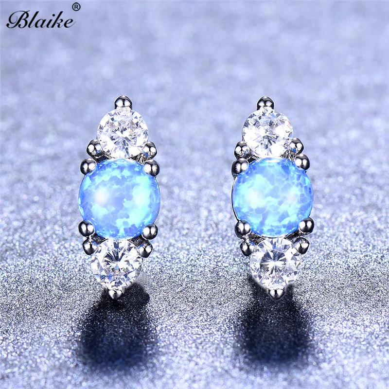 Blaike, 925 пробы, серебряные, Круглые, белые, синие, огненный опал, серьги для женщин, маленькие, циркон, камень, Двойные серьги, Женские Ювелирные изделия
