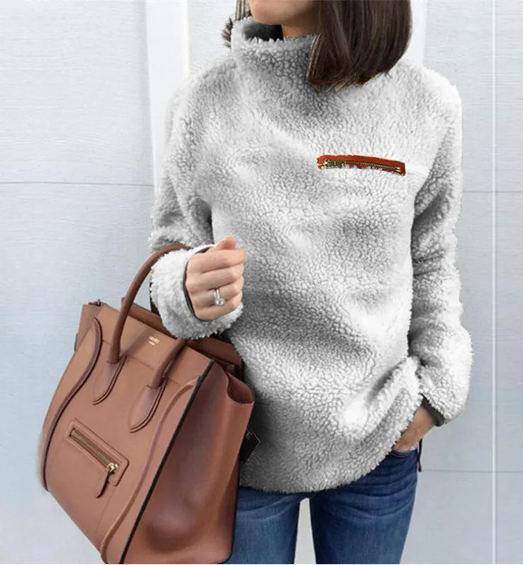 autumn sweater women's fashion zipper high collar base coat pink soft plush women casual pullover christmas | Женская одежда
