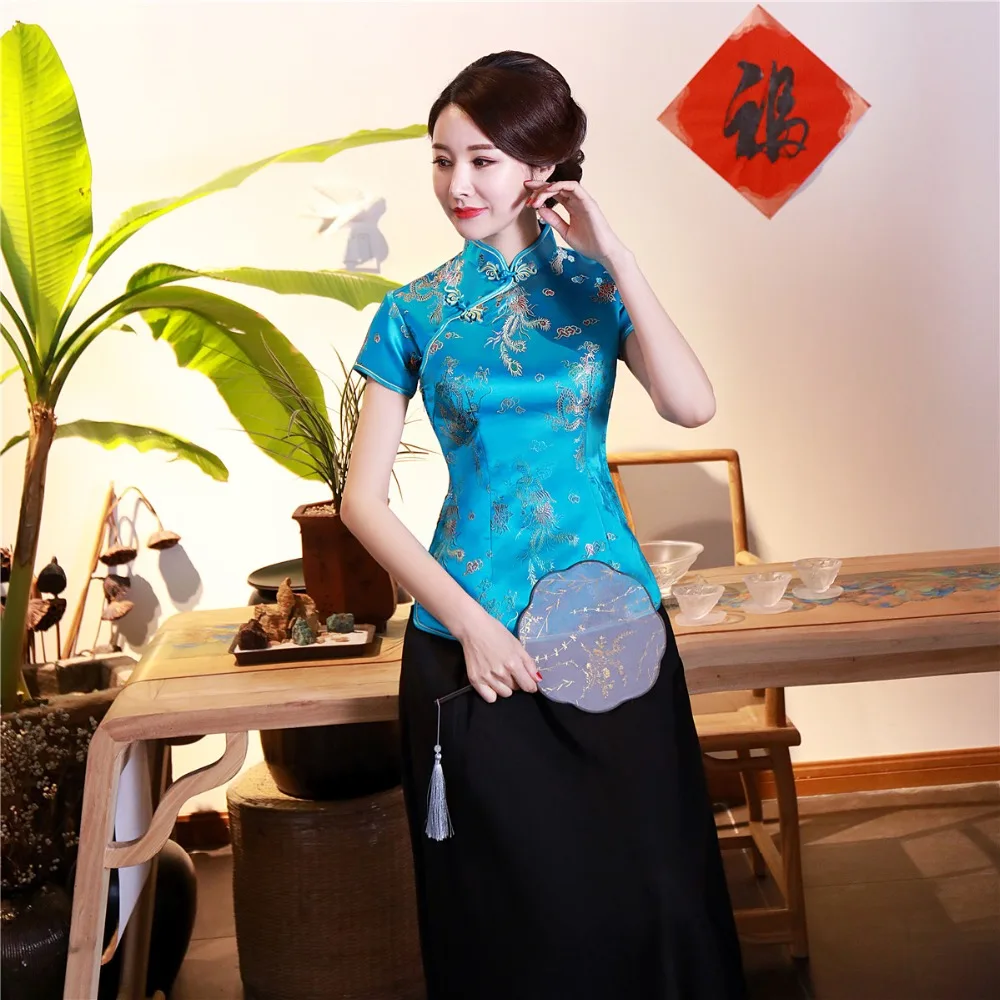 Шанхай история короткие Cheongsam Топ Традиционный китайский искусственный шелк/Атласный топ Дракон и Феникс Вышивка Блузка Топ Qipao рубашка